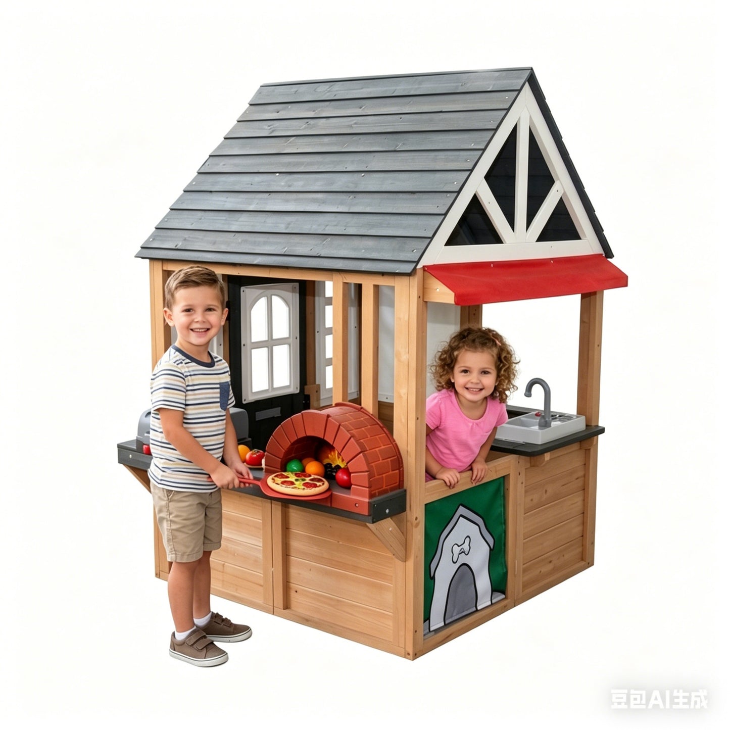 Conchico Outdoor BBQ Themed Playhouse, Wooden Backyard Kids Playhouse w/ Pretend Brick Oven, Kitchen Toy Set, BBQ Grill for Kids Ages 3-8
