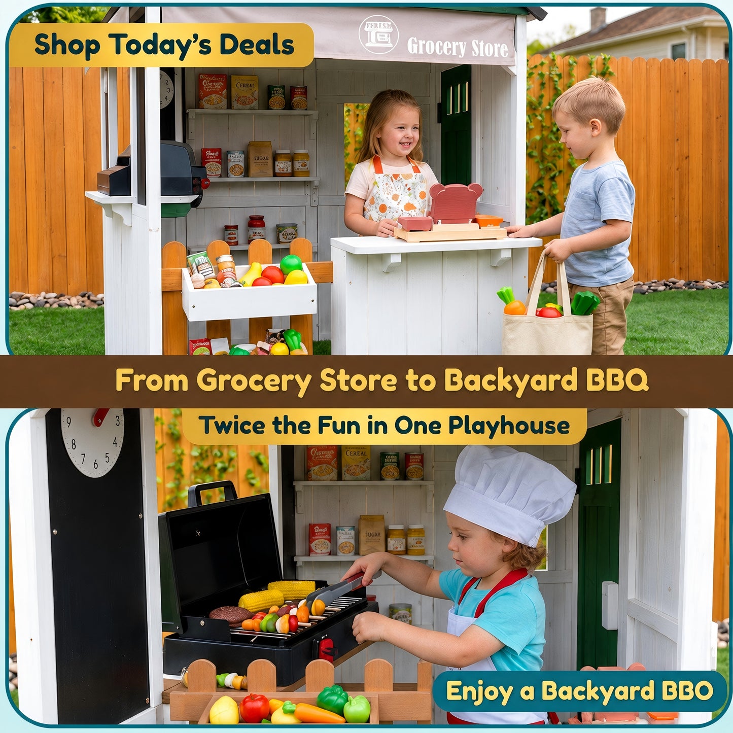 Conchico Outdoor Grocery Store Playhouse, Wooden Playhouse w/ Toy BBQ Grill, Toy Cash Register & Pretend Food Set For Summer Backyard，Black White