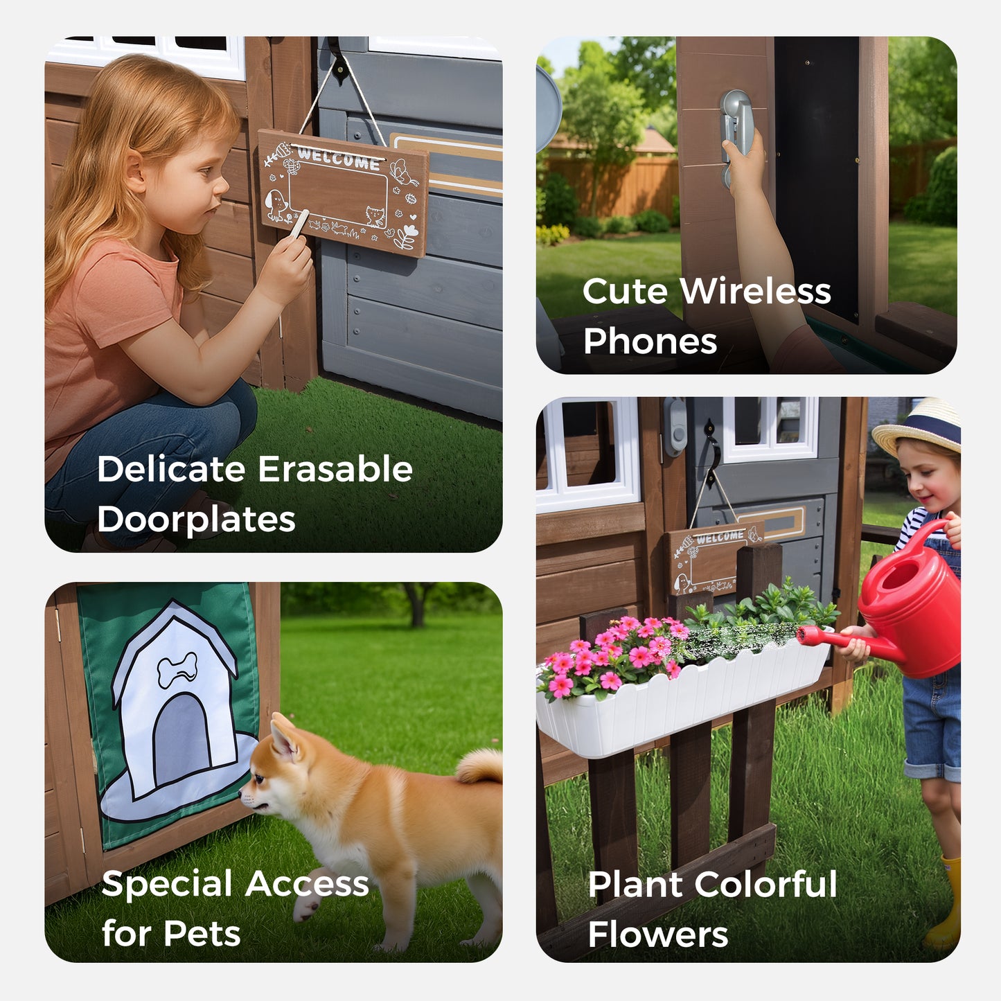 Conchico Outdoor Playhouse for Kids, Wooden Playhouse Outside with Kitchen Playset, Snack Bar, Pet Access, Doorbell, Toy Phone, Large Outdoor Playset for Kids 3-6 Years, Brown+Gray