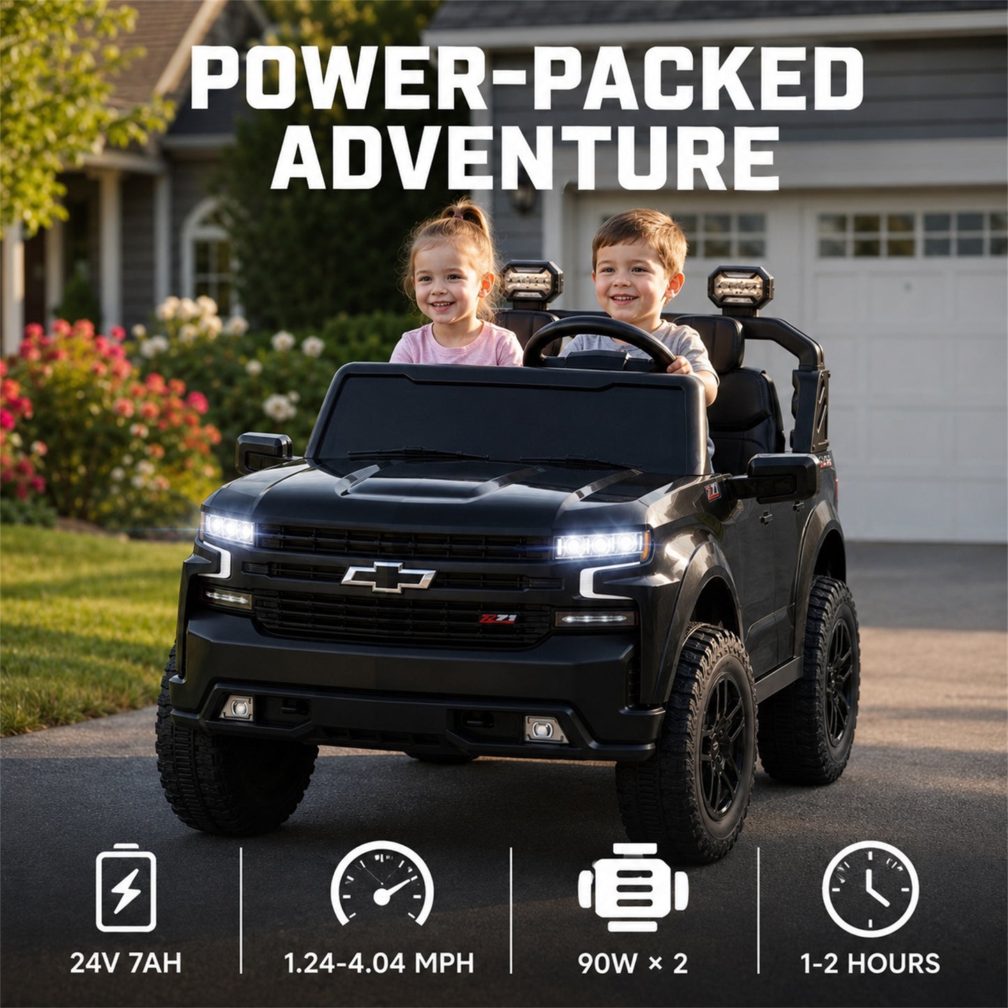 Conchico Licensed Chevrolet Silverado 24V Kids Ride On Truck, Chevy 2 Seater Battery Powered Ride On Car with Parent Remote Control, Music, Durable Wheels, Black