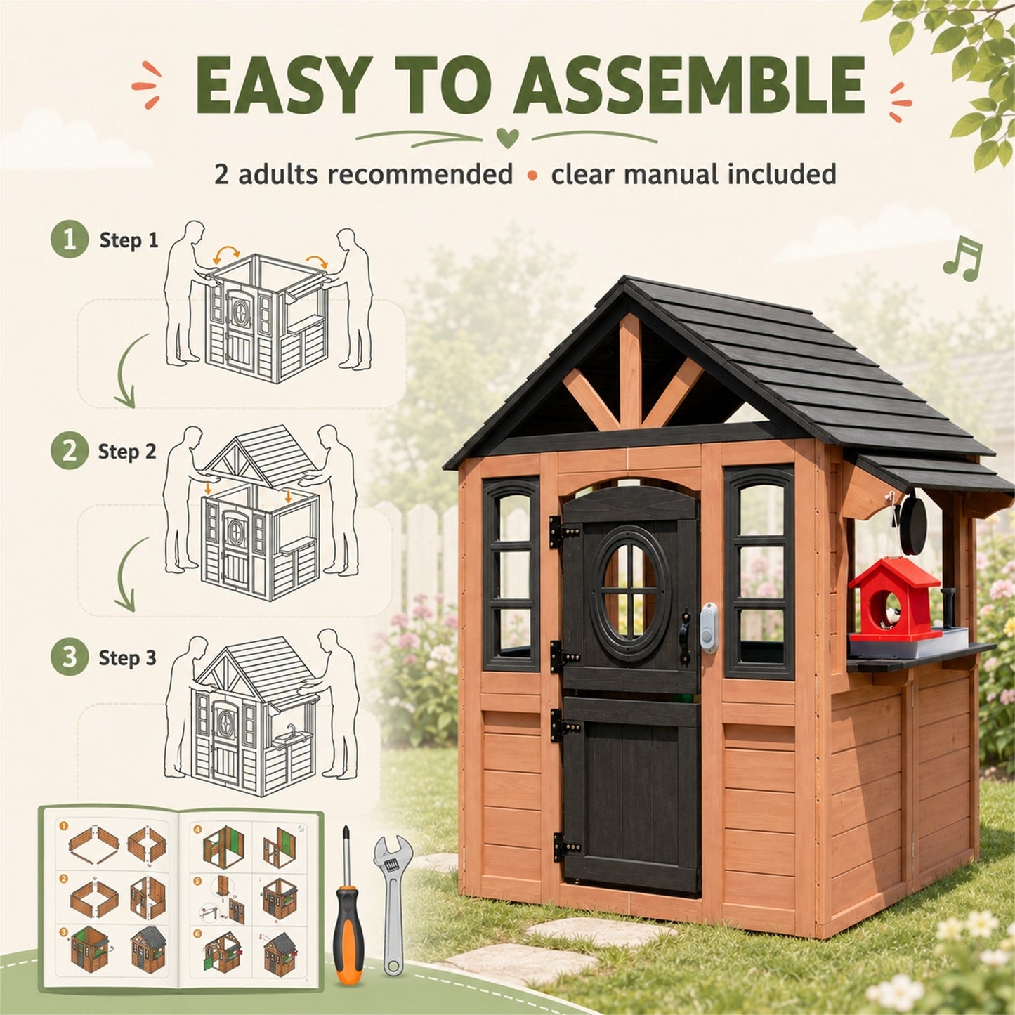 Conchico Outdoor Playhouse for Kids 3-5 Years, Kids Playhouse with Play Kitchen, Working Doorbell, Bird Cage, Pet Door, Kids Outdoor Toy Gift, Easy Assembly, Natural