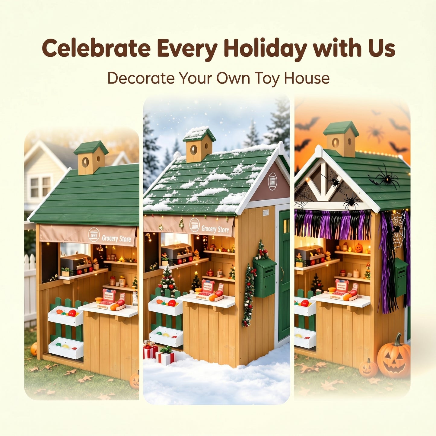 Conchico Outdoor Grocery Store Playhouse, Wooden Playhouse w/ Toy BBQ Grill, Toy Cash Register & Pretend Food Set For Summer Backyard