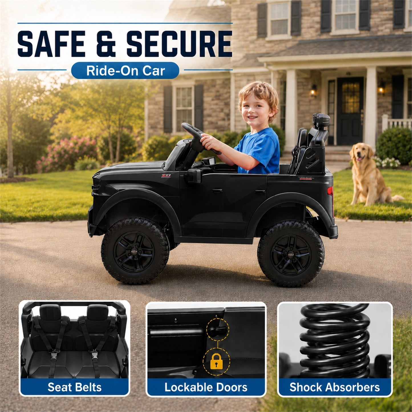 Conchico Licensed Chevrolet Silverado 24V Kids Ride On Truck, Chevy 2 Seater Battery Powered Ride On Car with Parent Remote Control, Music, Durable Wheels, Black