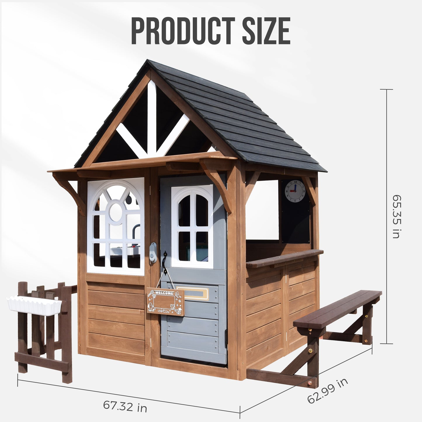 Conchico Outdoor Playhouse for Kids, Wooden Playhouse Outside with Kitchen Playset, Snack Bar, Pet Access, Doorbell, Toy Phone, Large Outdoor Playset for Kids 3-6 Years, Brown+Gray
