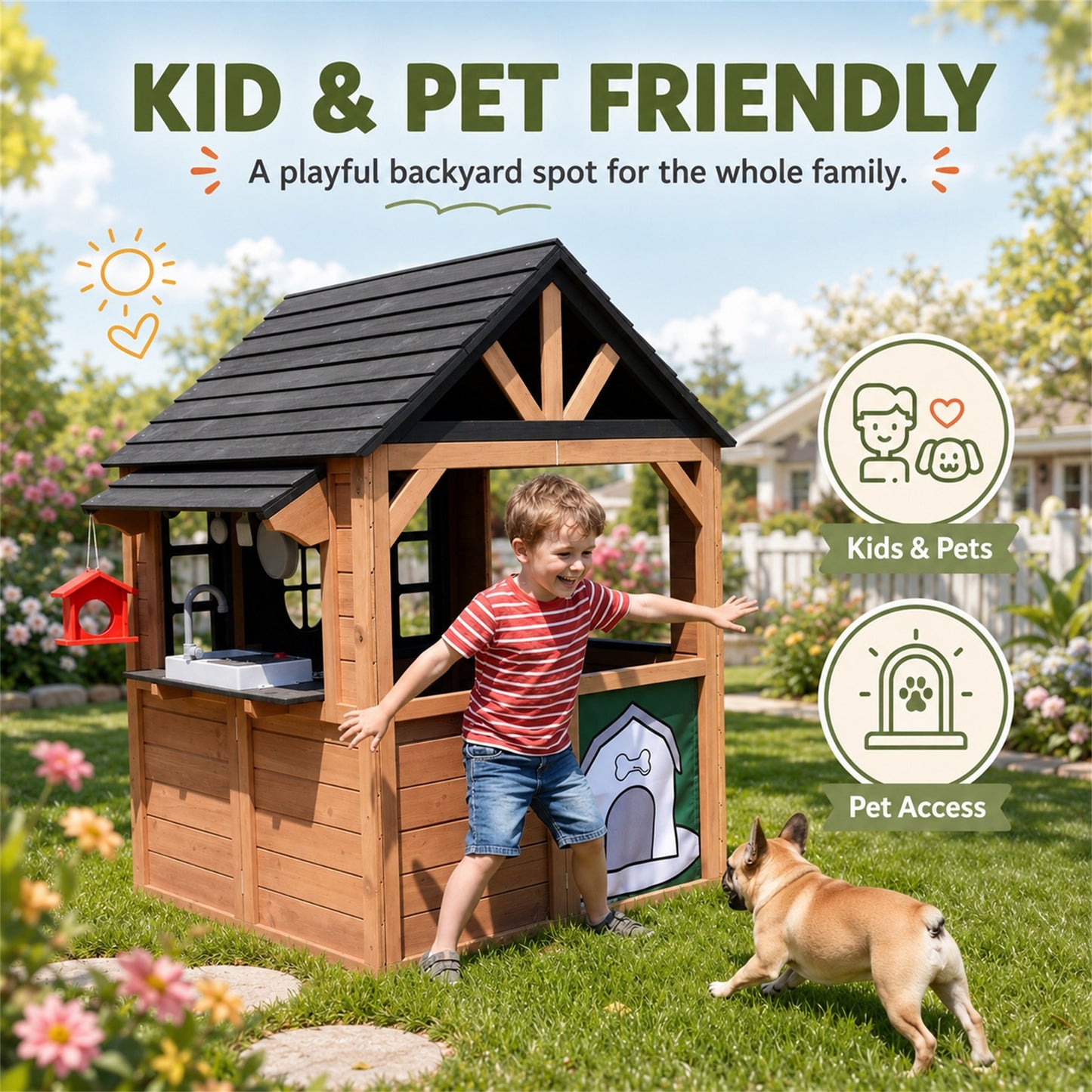 Conchico Outdoor Playhouse for Kids 3-5 Years, Kids Playhouse with Play Kitchen, Working Doorbell, Bird Cage, Pet Door, Kids Outdoor Toy Gift, Easy Assembly, Natural