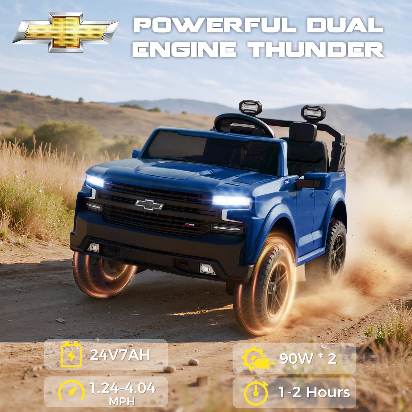 Conchico 24V Ride on Cars 2 Seater, Licensed Chevrolet Silverado Powered Ride on Truck Toys with Remote Control, 4 Wheels Suspension, Electric Car for Kids with Music for Girls Boys 3-8