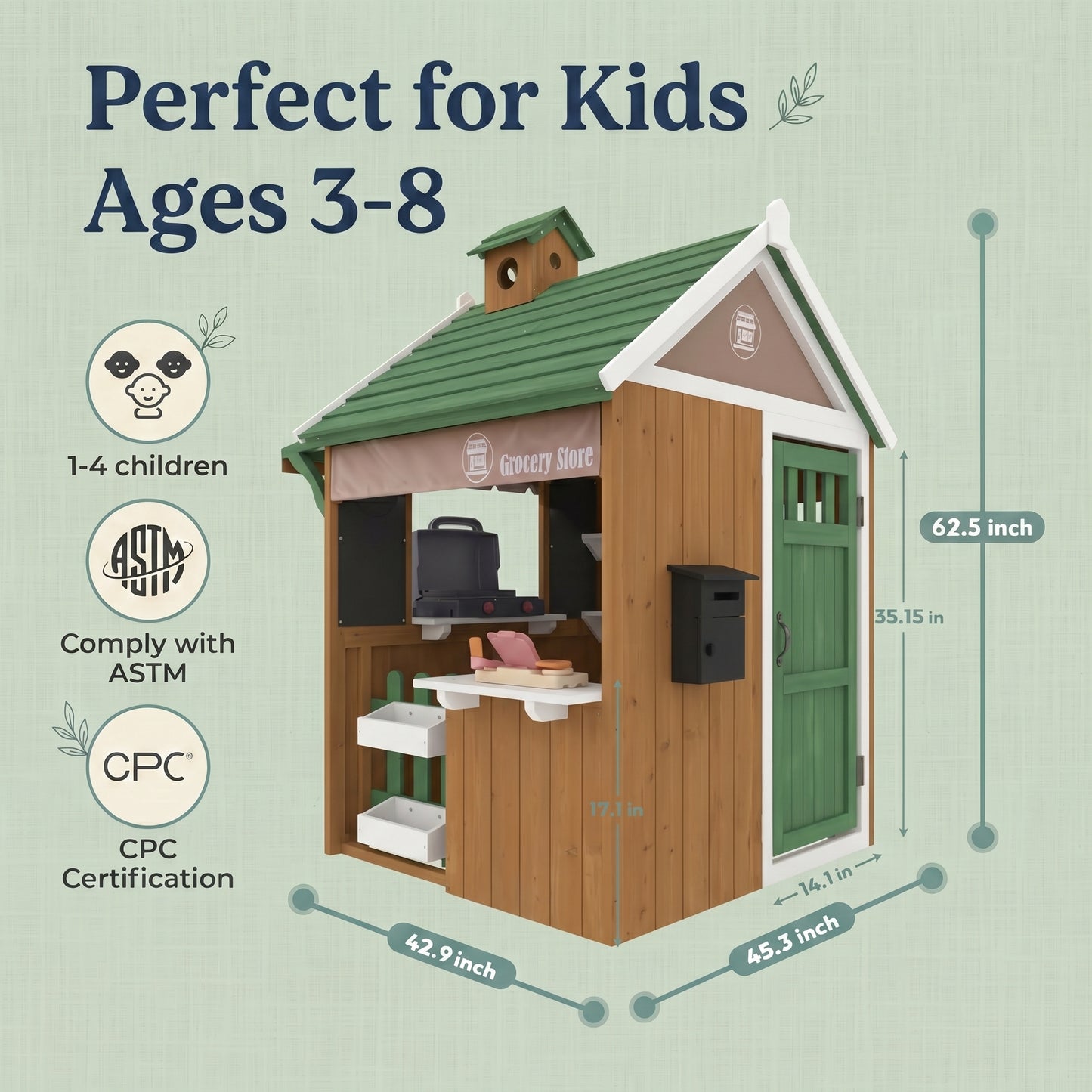 Conchico Outdoor Grocery Store Playhouse, Wooden Playhouse w/ Toy BBQ Grill, Toy Cash Register & Pretend Food Set For Summer Backyard