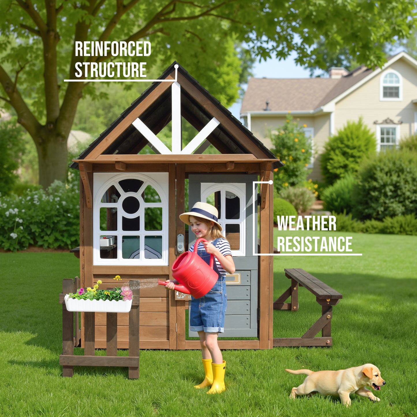 Conchico Outdoor Playhouse for Kids, Wooden Playhouse Outside with Kitchen Playset, Snack Bar, Pet Access, Doorbell, Toy Phone, Large Outdoor Playset for Kids 3-6 Years, Brown+Gray
