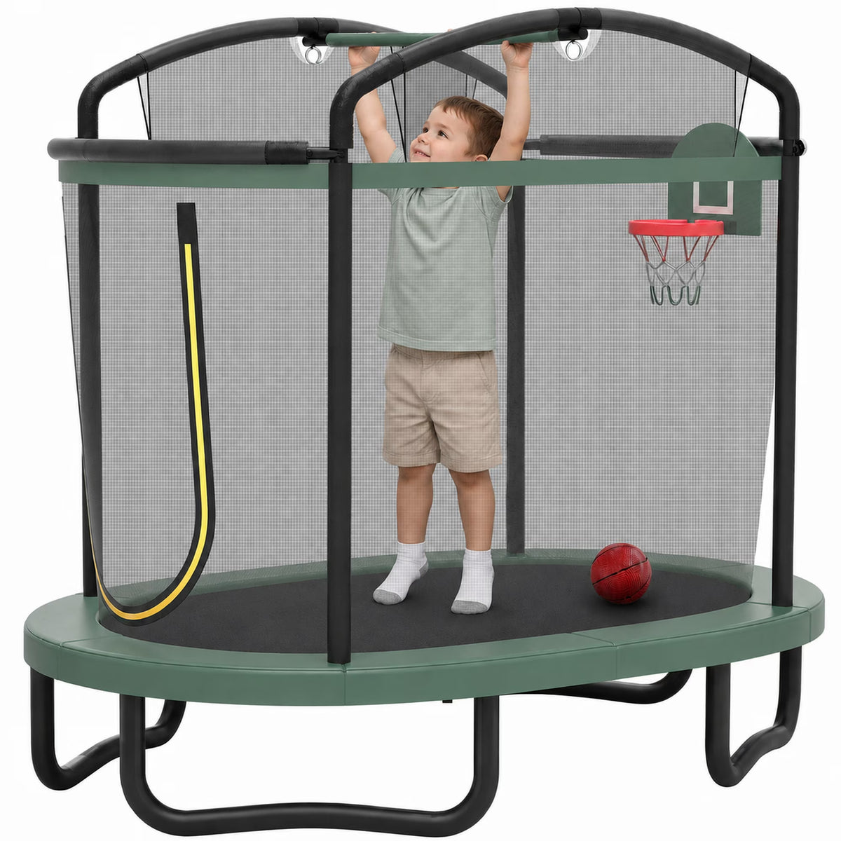 72" Toddler Trampoline with Safety Enclosure Net, Conchico Oval Indoor Kids Trampoline with Gym Bar, Basketball Hoop, Mini Trampoline for Kids, Small Trampoline with Net, Green