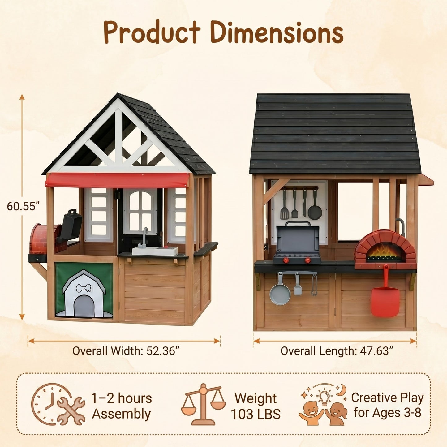 Conchico Outdoor BBQ Themed Playhouse, Wooden Backyard Kids Playhouse w/ Pretend Brick Oven, Kitchen Toy Set, BBQ Grill for Kids Ages 3-8