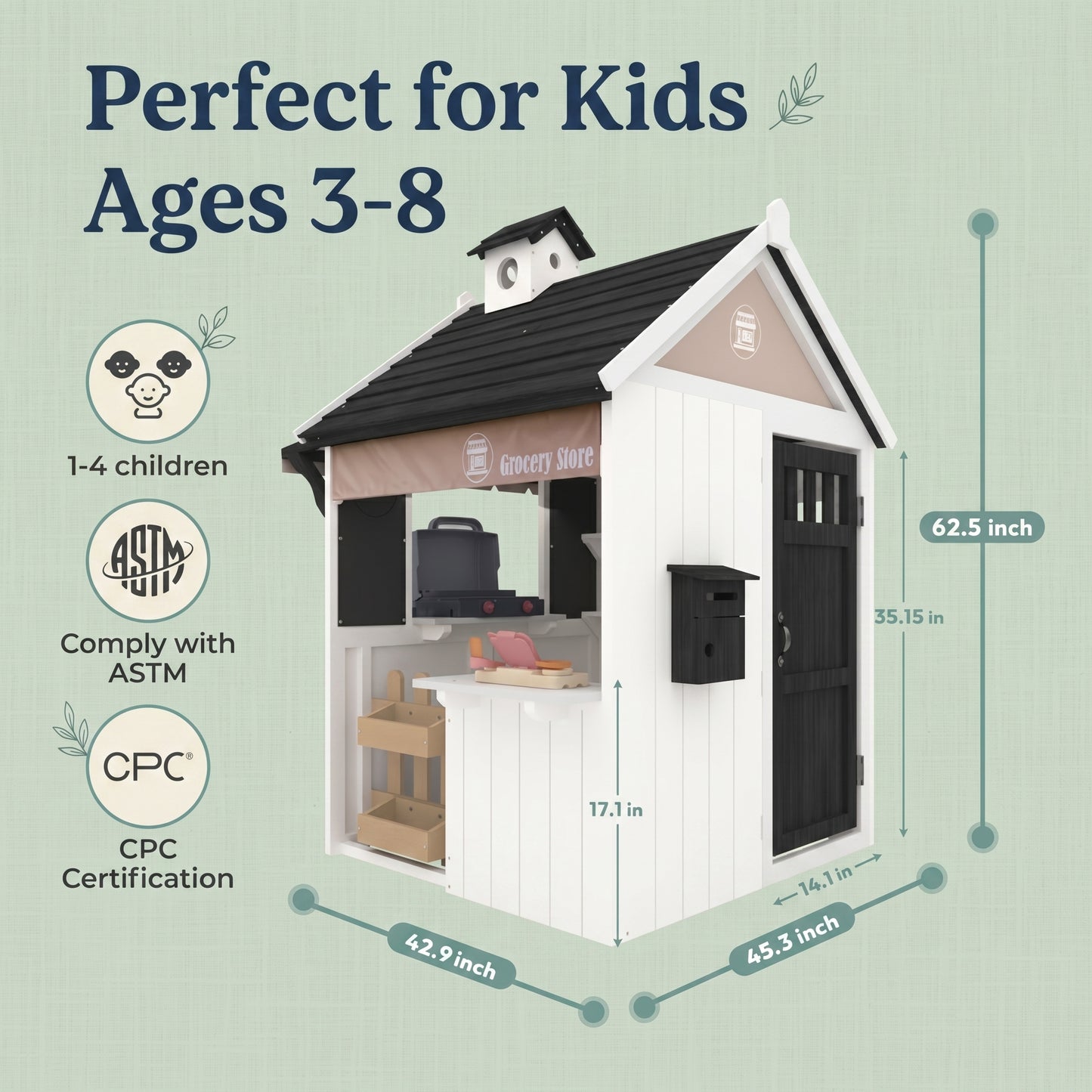 Conchico Outdoor Grocery Store Playhouse, Wooden Playhouse w/ Toy BBQ Grill, Toy Cash Register & Pretend Food Set For Summer Backyard，Black White