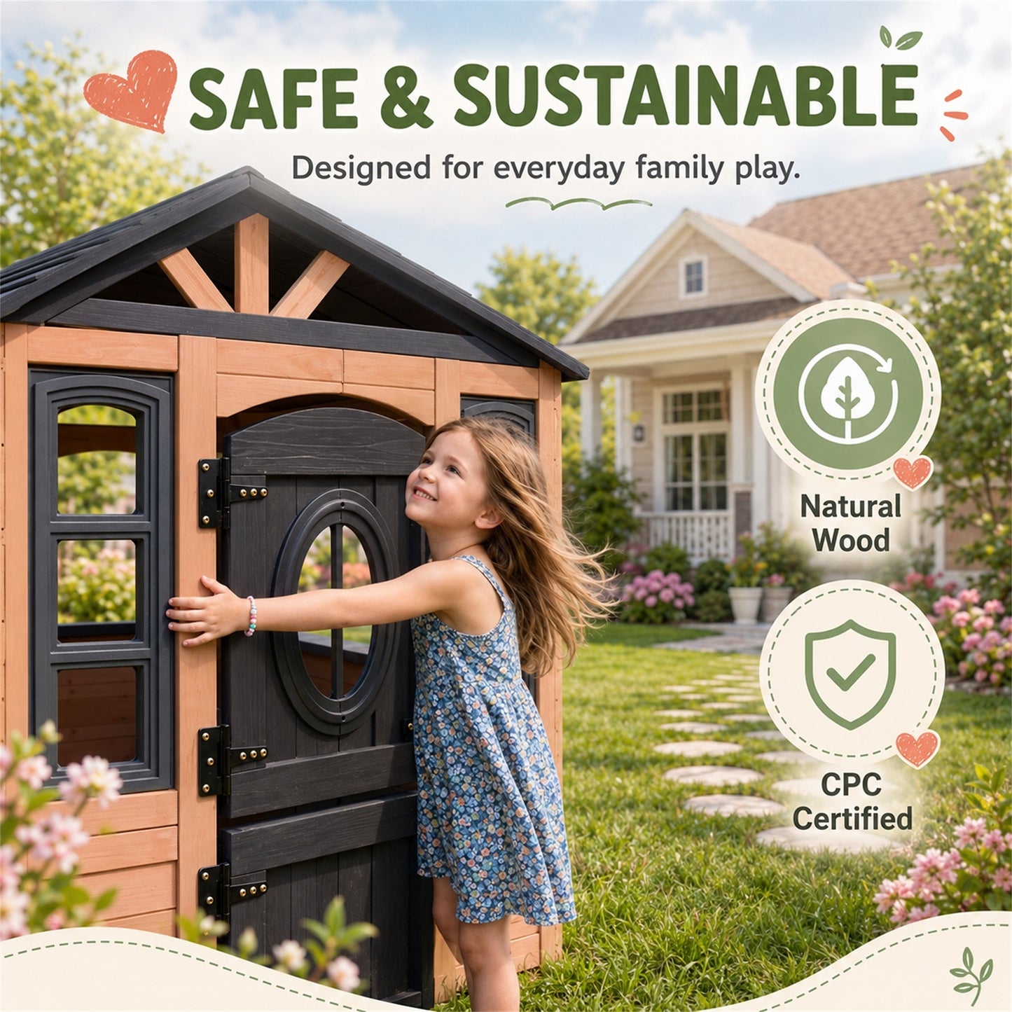 Conchico Outdoor Playhouse for Kids 3-5 Years, Kids Playhouse with Play Kitchen, Working Doorbell, Bird Cage, Pet Door, Kids Outdoor Toy Gift, Easy Assembly, Natural
