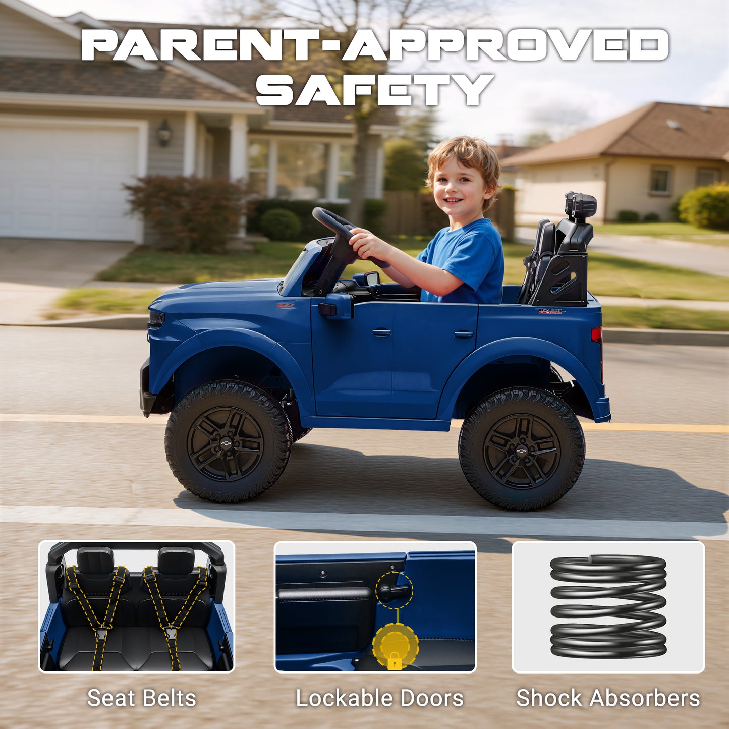 Conchico 24V Ride on Cars 2 Seater, Licensed Chevrolet Silverado Powered Ride on Truck Toys with Remote Control, 4 Wheels Suspension, Electric Car for Kids with Music for Girls Boys 3-8