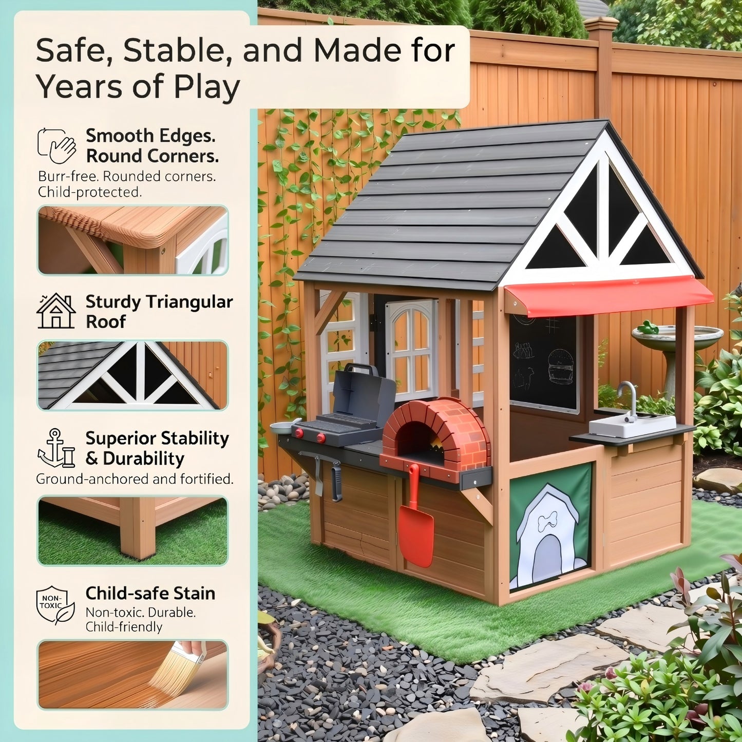 Conchico Outdoor BBQ Themed Playhouse, Wooden Backyard Kids Playhouse w/ Pretend Brick Oven, Kitchen Toy Set, BBQ Grill for Kids Ages 3-8