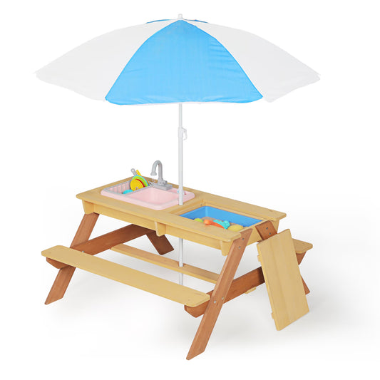 3-in-1 Kids Picnic Table, Sand and Water Table with Umbrella, Wooden Activity Table for Outdoor Backyard Play, Brown