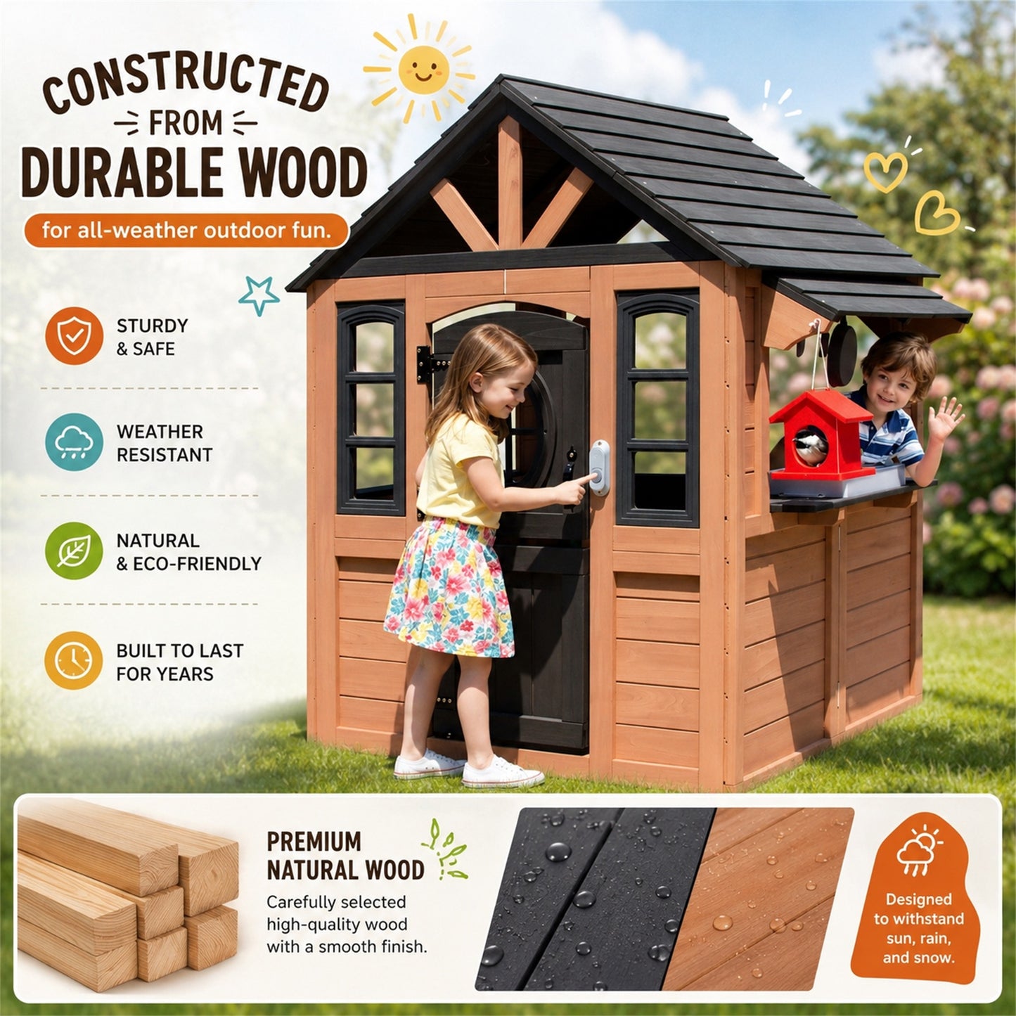 Conchico Outdoor Playhouse for Kids 3-5 Years, Kids Playhouse with Play Kitchen, Working Doorbell, Bird Cage, Pet Door, Kids Outdoor Toy Gift, Easy Assembly, Natural