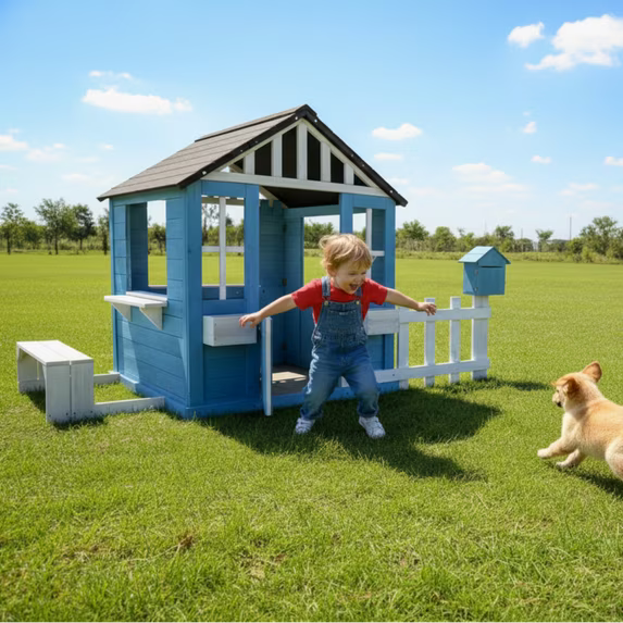Conchico Outdoor Playhouse with Picnic Bench Mailbox Planter for Toddlers Kids 3-8, Blue