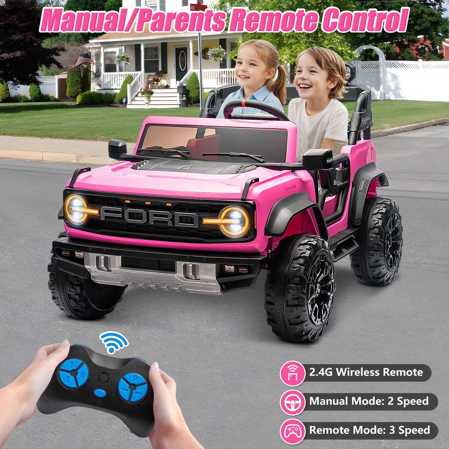 Conchico 24V 2 Seater Licensed Ford Bronco Powered Ride-On Cars with Remote, Electric Cars Riding Toys for Boys Girls 3-8