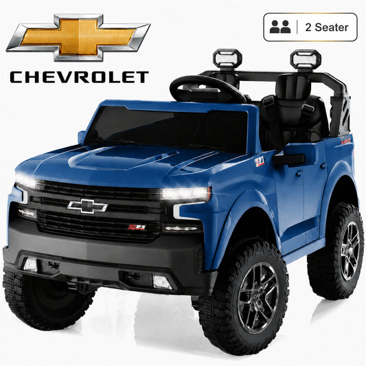 Conchico Licensed Chevrolet Silverado 24V Kids Ride On Truck, Chevy 2 Seater Battery Powered Ride On Car with Parent Remote Control, Music, Durable Wheels, Blue