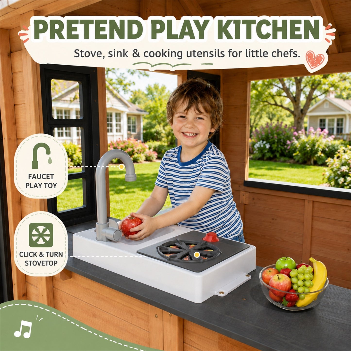 Conchico Outdoor Playhouse for Kids 3-5 Years, Kids Playhouse with Play Kitchen, Working Doorbell, Bird Cage, Pet Door, Kids Outdoor Toy Gift, Easy Assembly, Natural