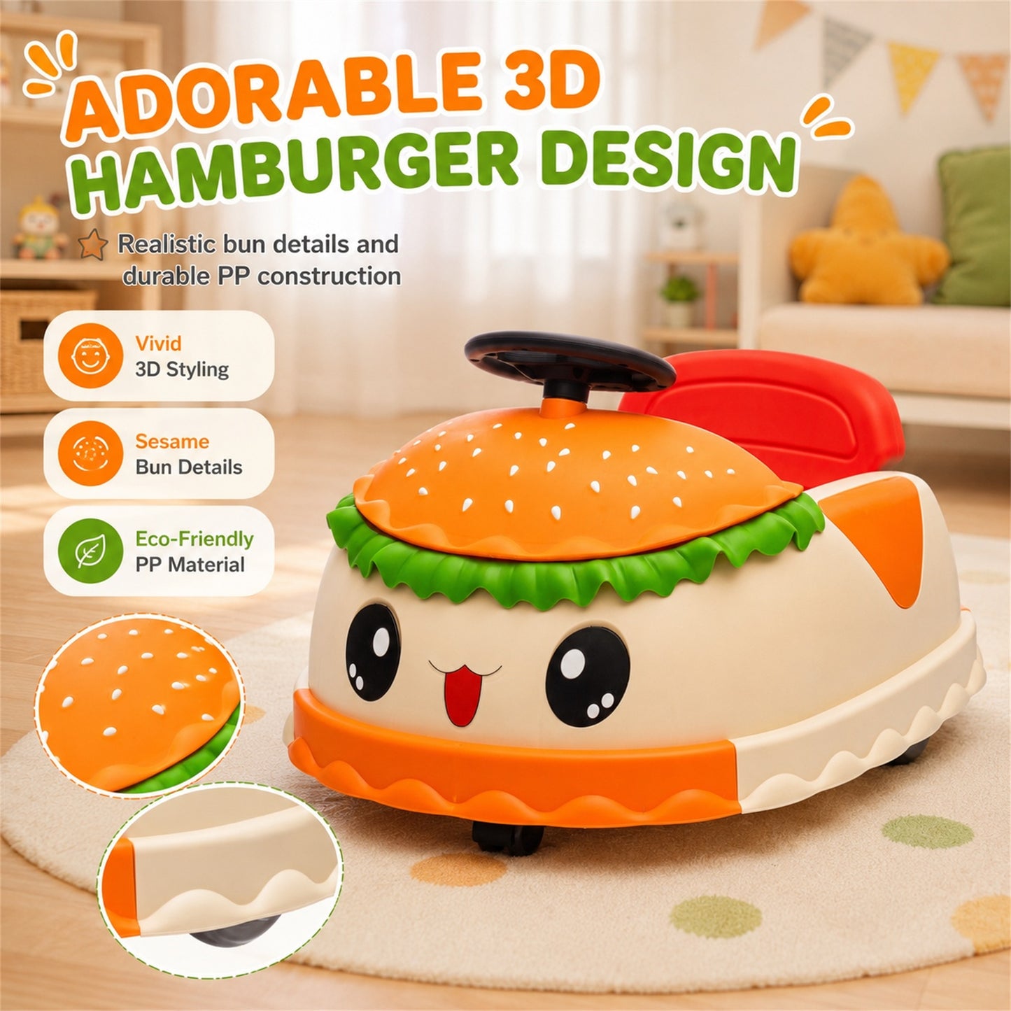 Conchico 12V Ride on Bumper Cars for Kids with Remote Control, Hamburger Design Ride on Toys with 360° Rotation, Anti-Rollover, Bluetooth, Yellow