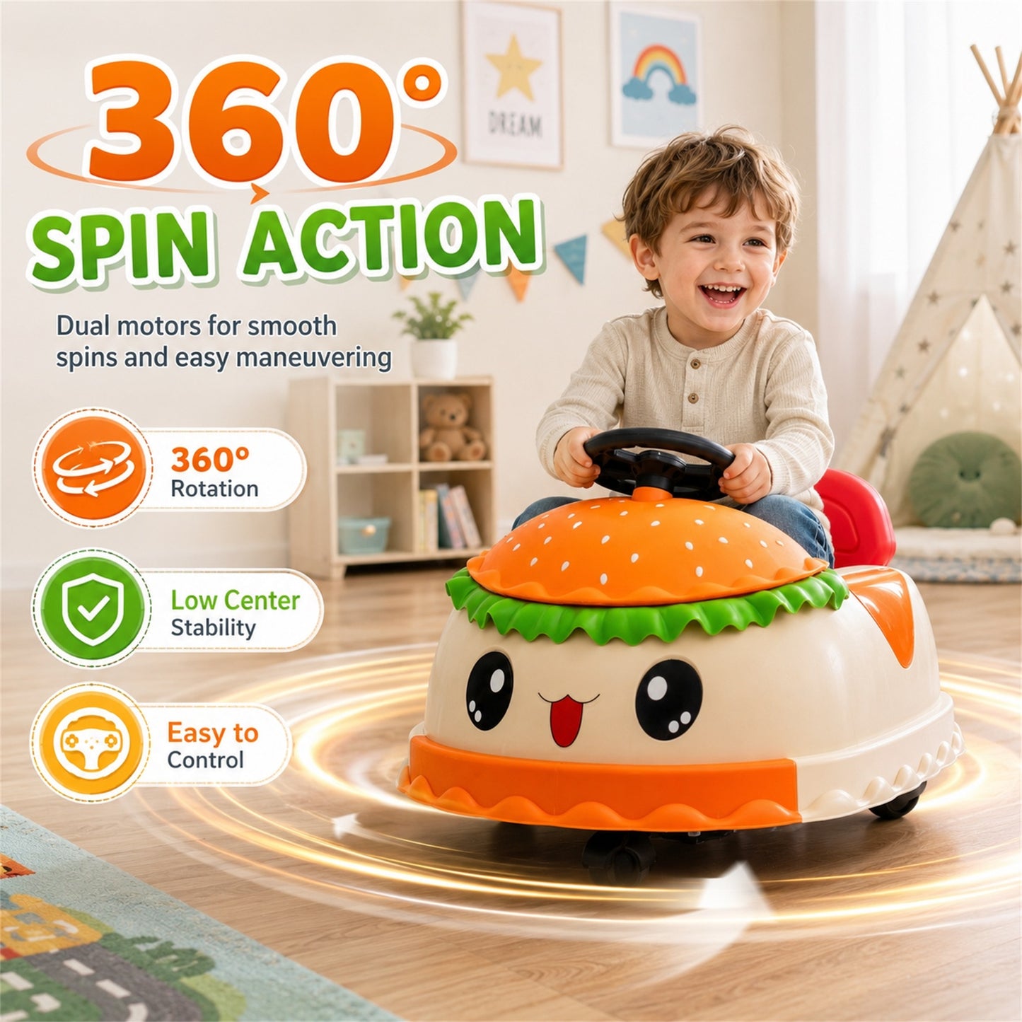Conchico 12V Ride on Bumper Cars for Kids with Remote Control, Hamburger Design Ride on Toys with 360° Rotation, Anti-Rollover, Bluetooth, Yellow