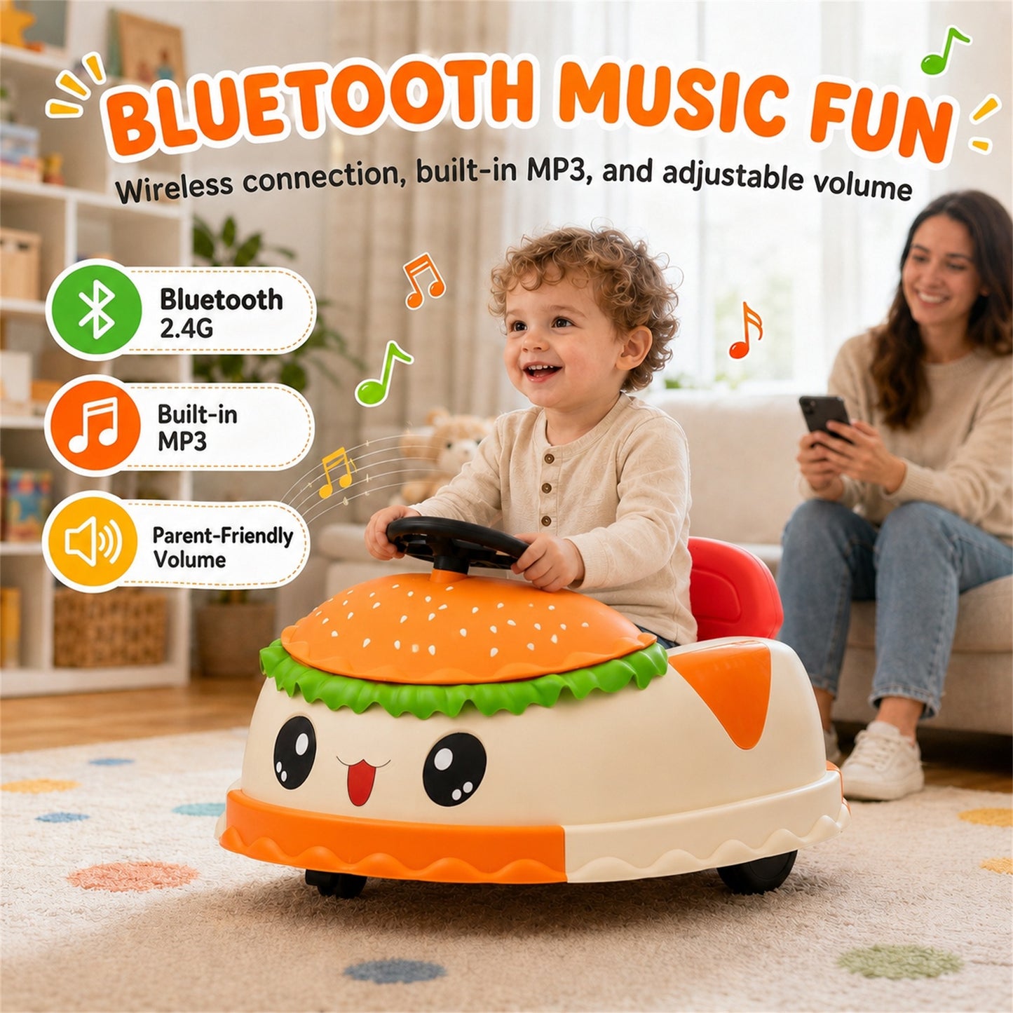 Conchico 12V Ride on Bumper Cars for Kids with Remote Control, Hamburger Design Ride on Toys with 360° Rotation, Anti-Rollover, Bluetooth, Yellow