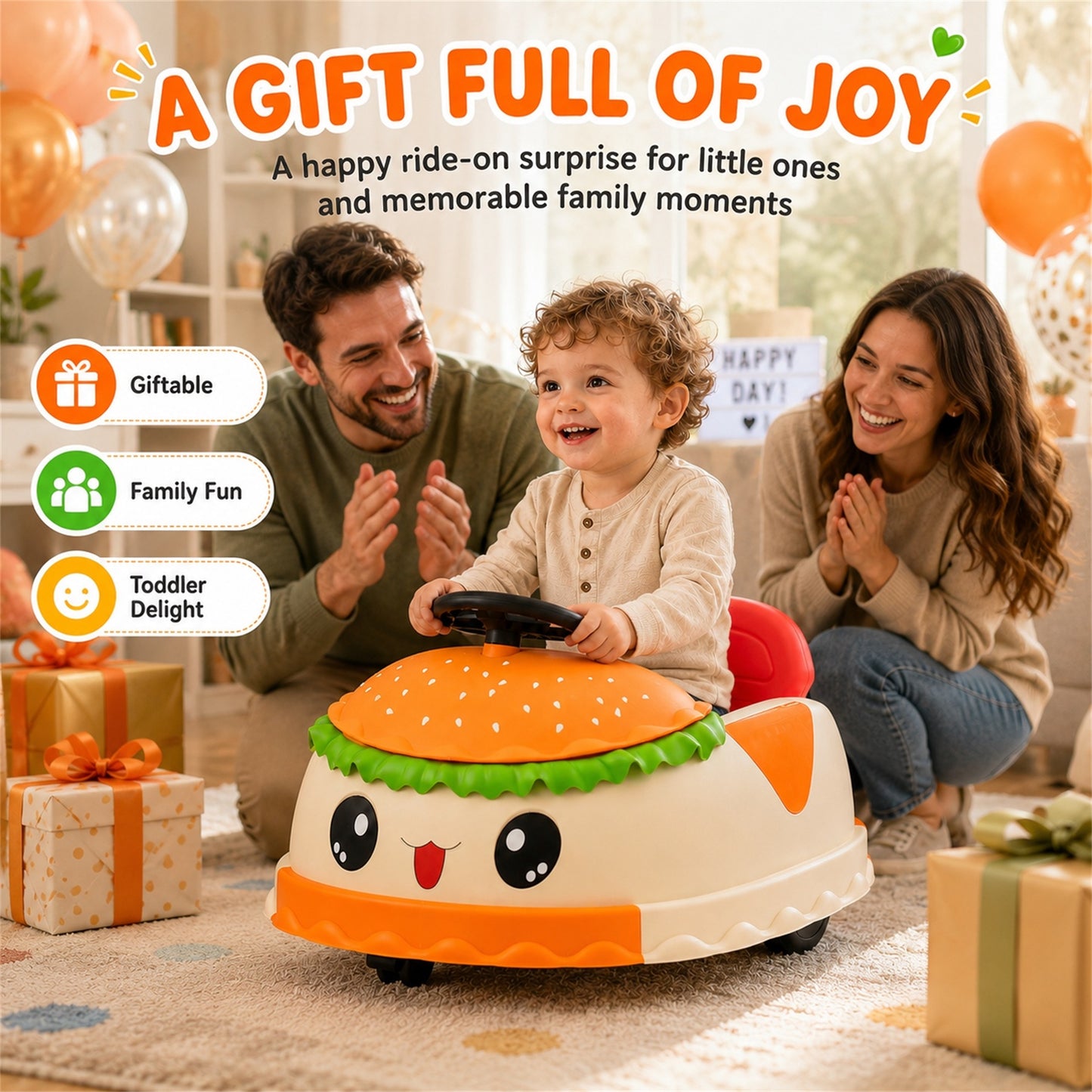 Conchico 12V Ride on Bumper Cars for Kids with Remote Control, Hamburger Design Ride on Toys with 360° Rotation, Anti-Rollover, Bluetooth, Yellow
