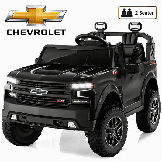 Conchico Licensed Chevrolet Silverado 24V Kids Ride On Truck, Chevy 2 Seater Battery Powered Ride On Car with Parent Remote Control, Music, Durable Wheels, Black