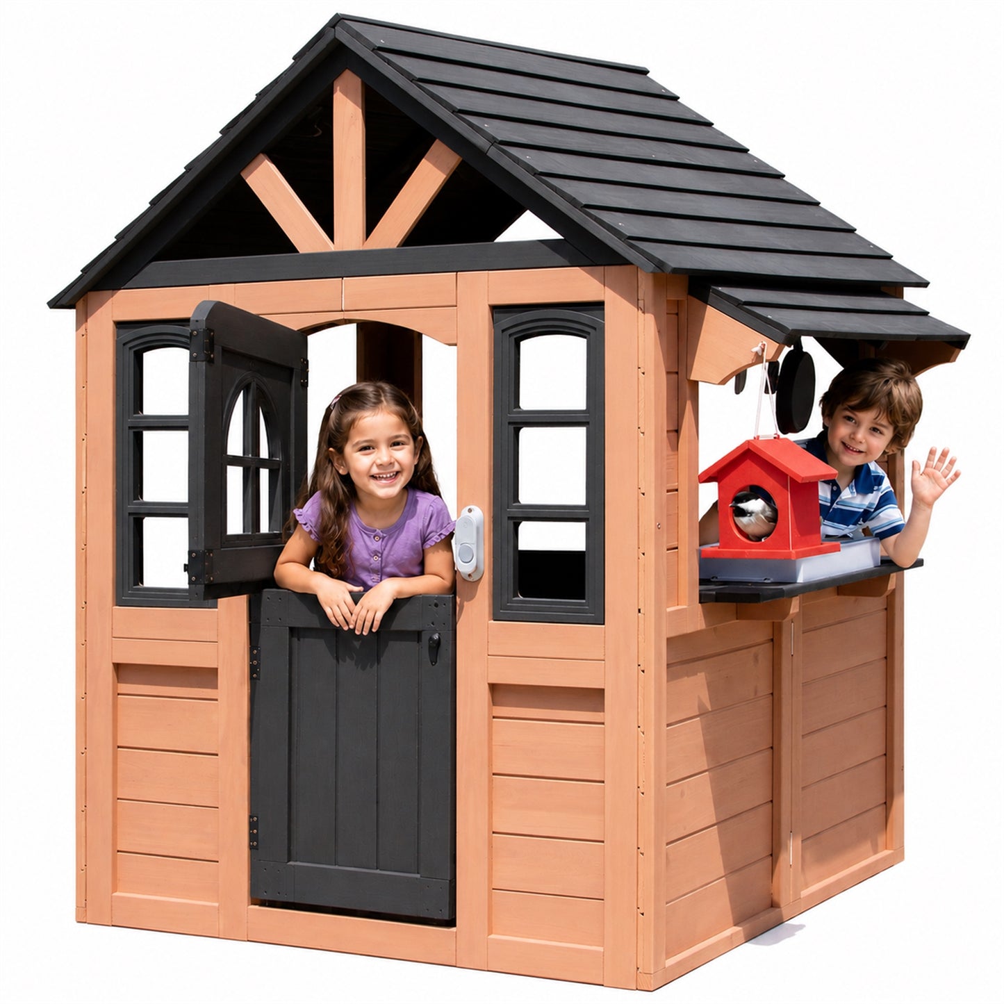 Conchico Outdoor Playhouse for Kids 3-5 Years, Kids Playhouse with Play Kitchen, Working Doorbell, Bird Cage, Pet Door, Kids Outdoor Toy Gift, Easy Assembly, Natural