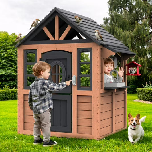 Conchico Outdoor Playhouse for Kids 3-5 Years, Kids Playhouse with Play Kitchen, Working Doorbell, Bird Cage, Pet Door, Kids Outdoor Toy Gift, Easy Assembly, Natural