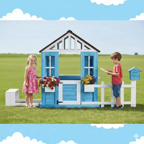 Conchico Outdoor Playhouse with Picnic Bench Mailbox Planter for Toddlers Kids 3-8, Blue
