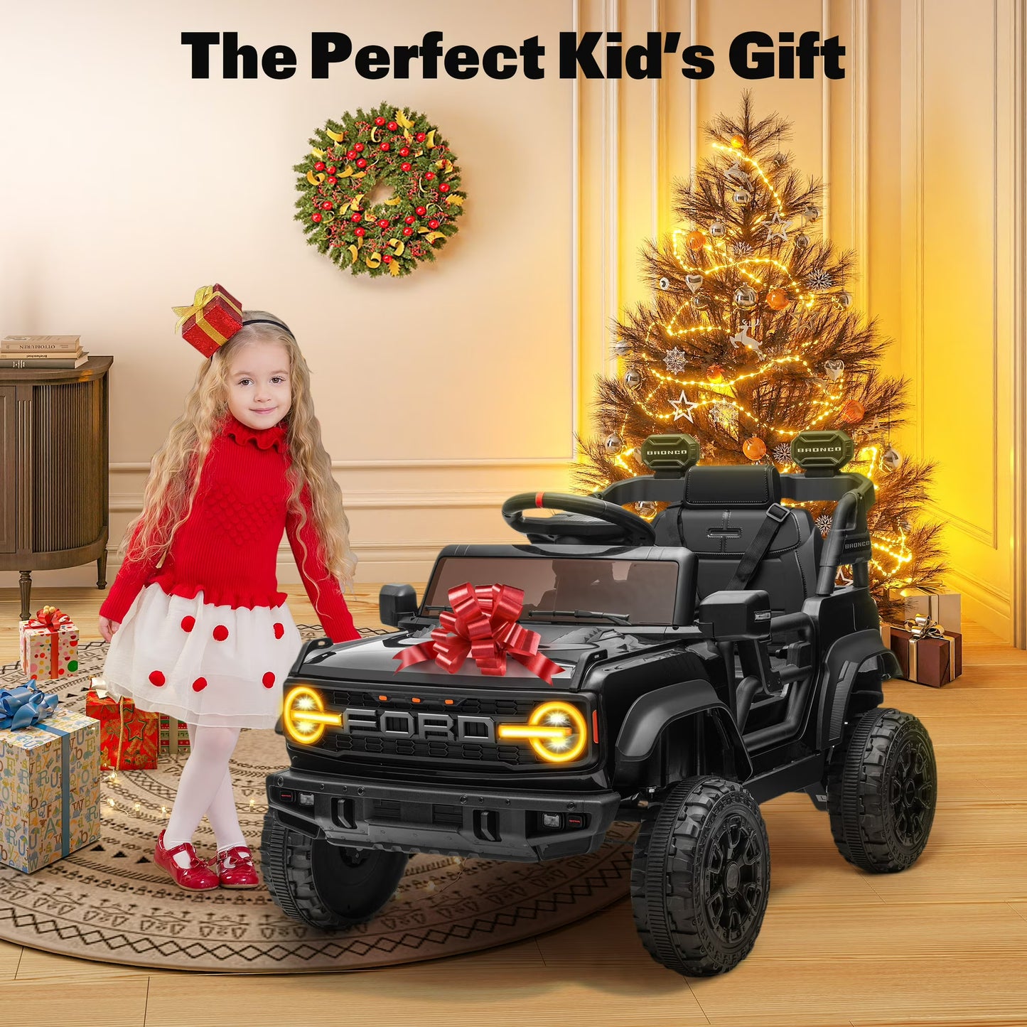 Conchico 12V Licensed Ford Bronco Powered Ride-On Cars with Remote Control, Ride on Toys with Music & Seatbelt, Electric Car for Kids