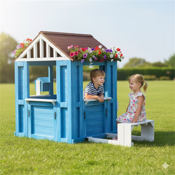 Conchico Outdoor Playhouse with Picnic Bench Mailbox Planter for Toddlers Kids 3-8, Blue