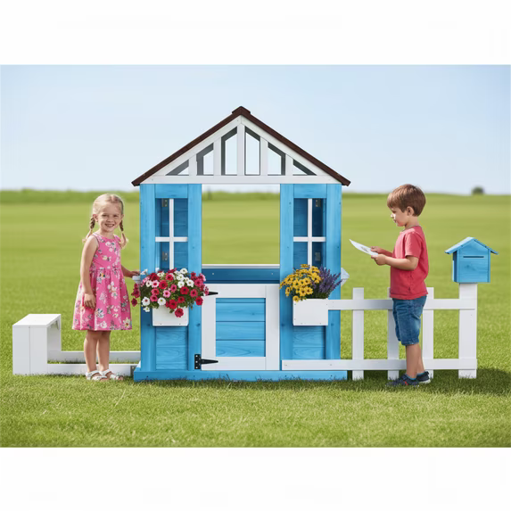 Conchico Outdoor Playhouse with Picnic Bench Mailbox Planter for Toddlers Kids 3-8, Blue