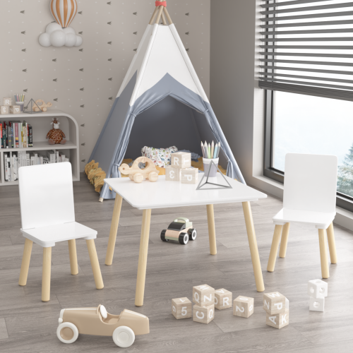 iRerts Kids Table and Chair Set, Rabbit Themed Kids Wooden Table and 2 Chairs Set, Kids Activity Play Table Set for 3-6 Year Old, Toddler Table and Chair Set for Reading, Drawing, Jigsaw Puzzles