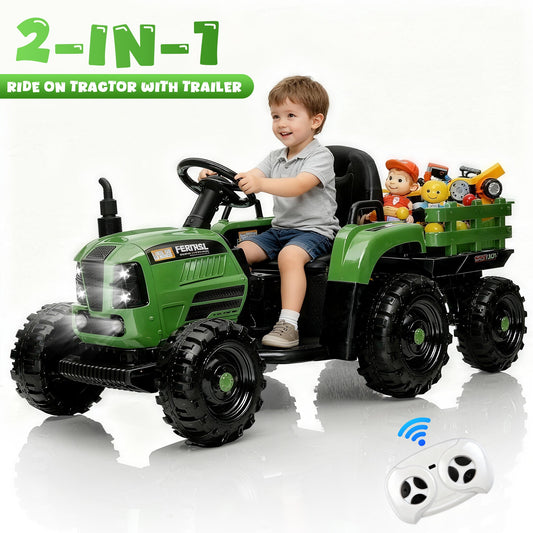 Conchico 24V Ride on Tractor Toys for Toddlers, 400W Powered Ride on Cars with Remote Control and Detachable Trailer, Bluetooth, LED Lights, Electric Car for Kids Aged 3+, Emerald