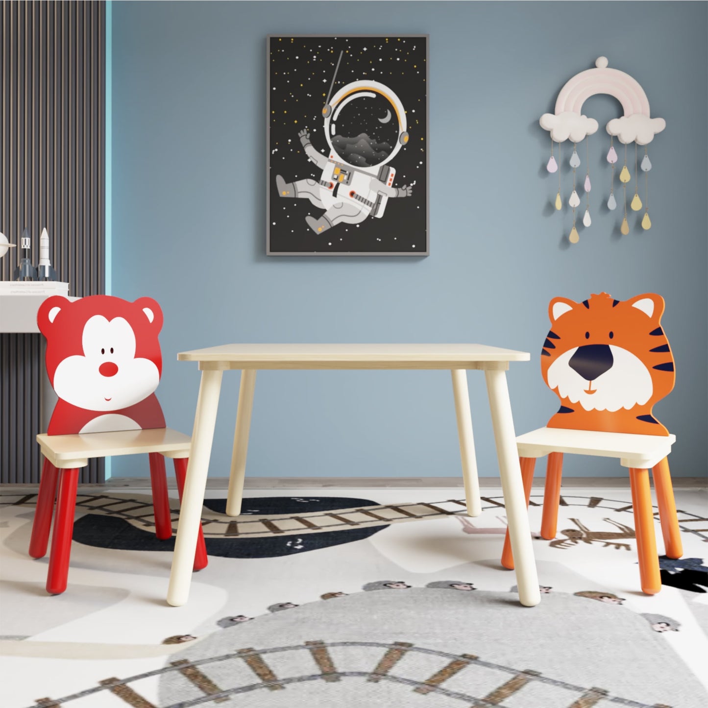 iRerts Kids Table and Chair Set, Rabbit Themed Kids Wooden Table and 2 Chairs Set, Kids Activity Play Table Set for 3-6 Year Old, Toddler Table and Chair Set for Reading, Drawing, Jigsaw Puzzles