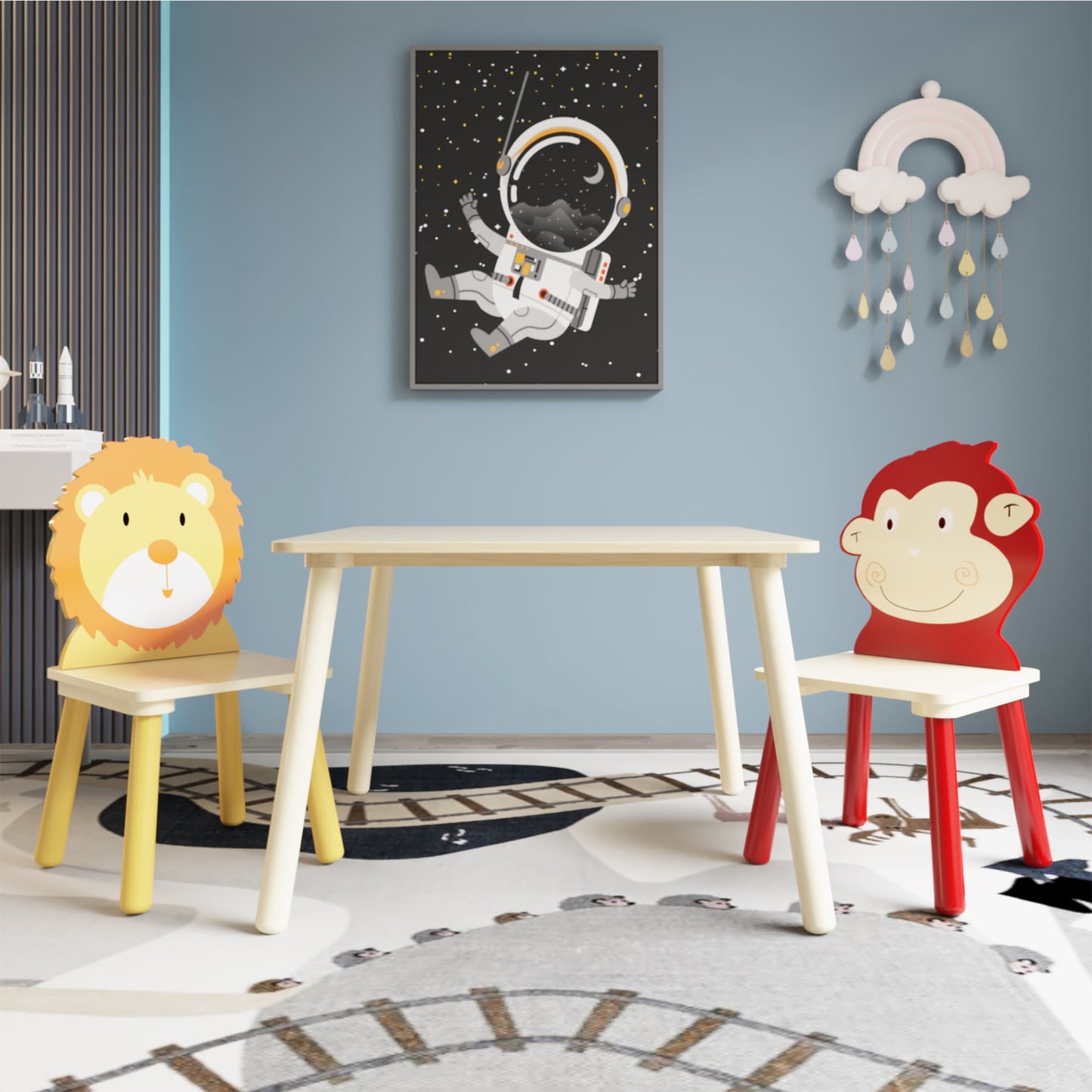 iRerts Kids Table and Chair Set, Rabbit Themed Kids Wooden Table and 2 Chairs Set, Kids Activity Play Table Set for 3-6 Year Old, Toddler Table and Chair Set for Reading, Drawing, Jigsaw Puzzles