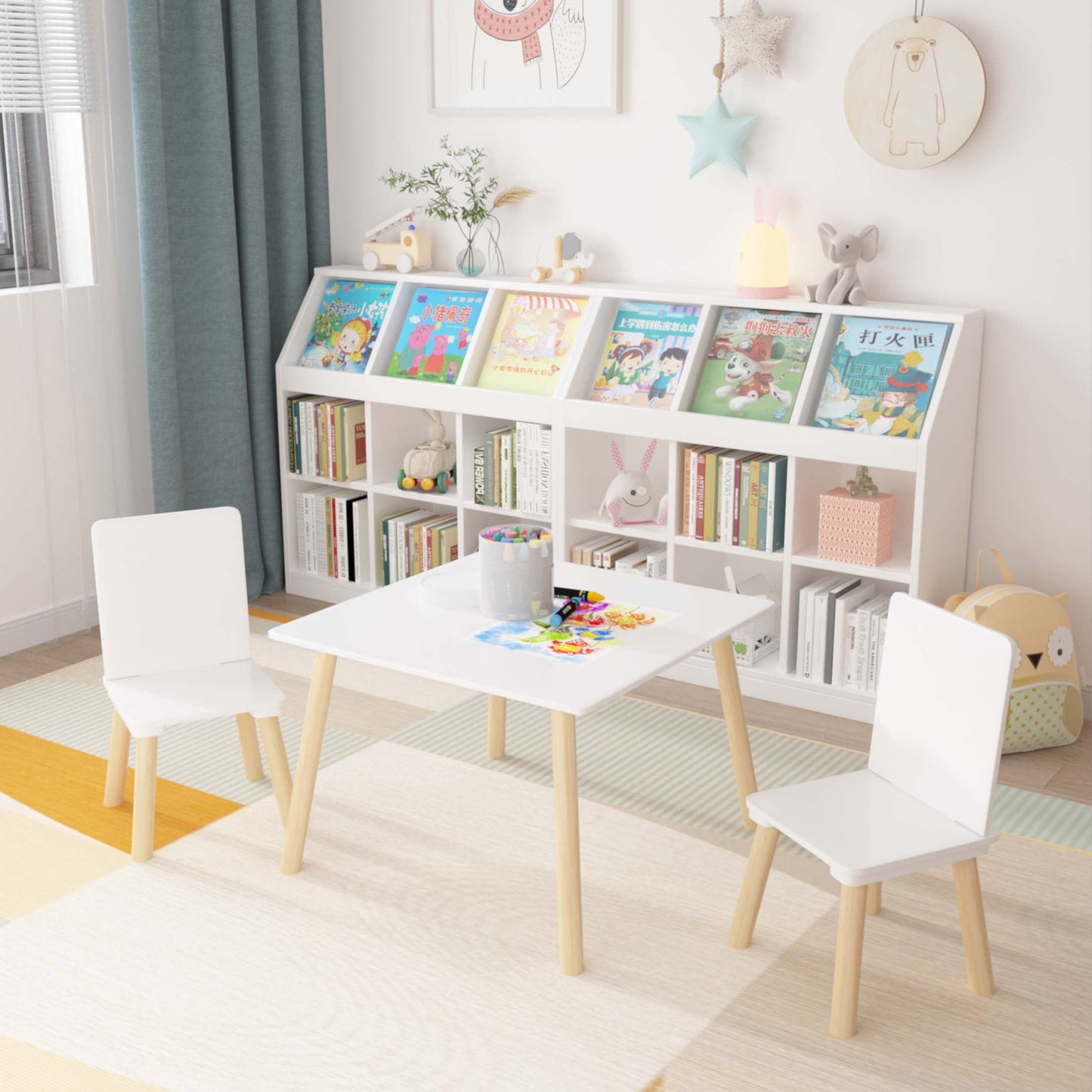 iRerts Kids Table and Chair Set, Rabbit Themed Kids Wooden Table and 2 Chairs Set, Kids Activity Play Table Set for 3-6 Year Old, Toddler Table and Chair Set for Reading, Drawing, Jigsaw Puzzles