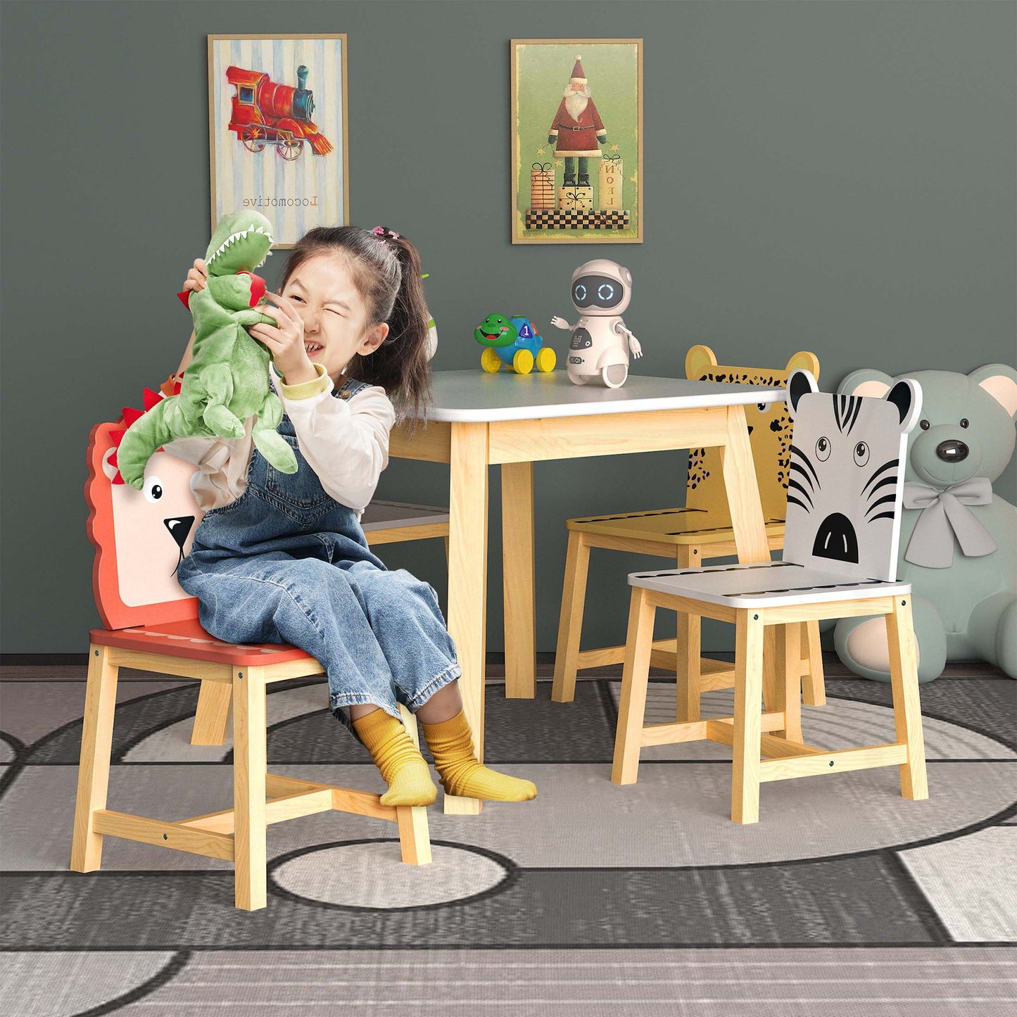 iRerts Kids Table and Chair Set, Rabbit Themed Kids Wooden Table and 2 Chairs Set, Kids Activity Play Table Set for 3-6 Year Old, Toddler Table and Chair Set for Reading, Drawing, Jigsaw Puzzles