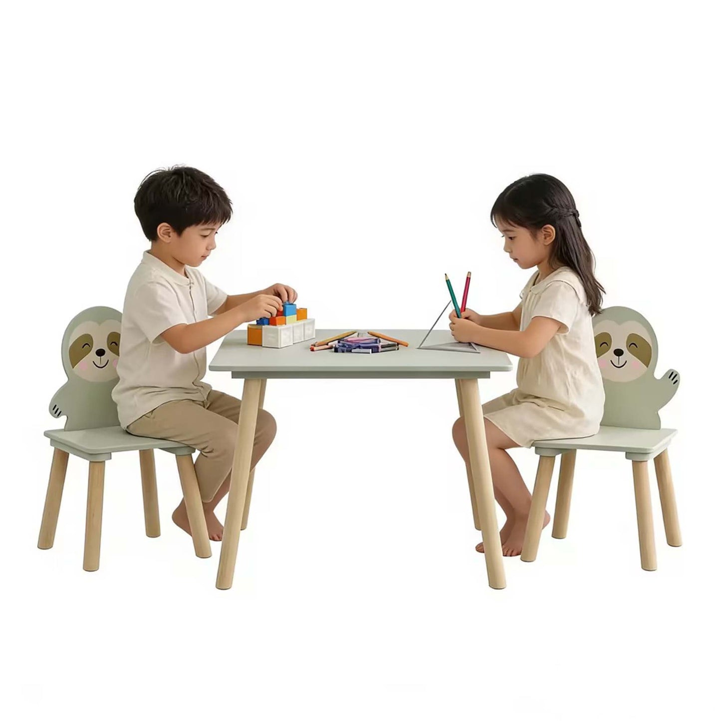 iRerts Kids Table and Chair Set, Rabbit Themed Kids Wooden Table and 2 Chairs Set, Kids Activity Play Table Set for 3-6 Year Old, Toddler Table and Chair Set for Reading, Drawing, Jigsaw Puzzles