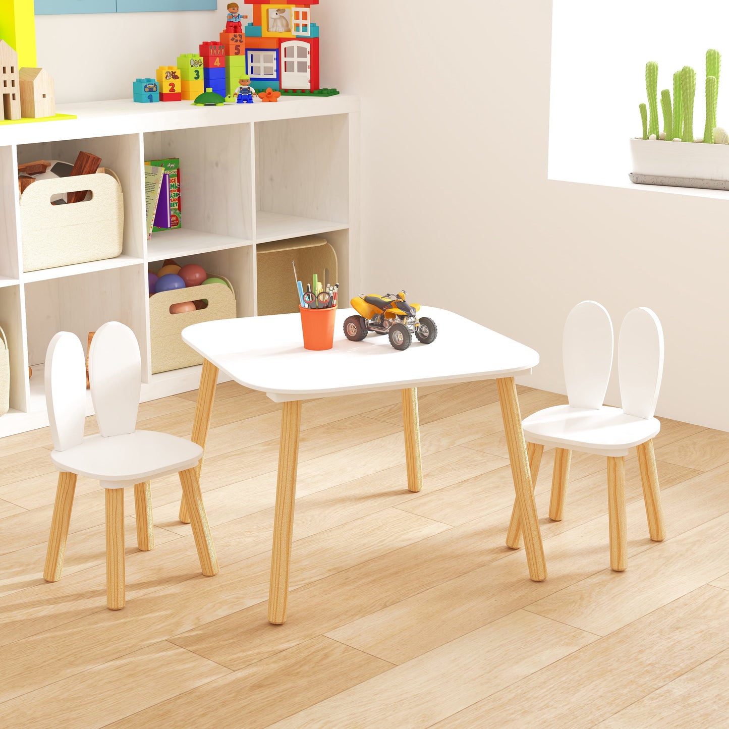 iRerts Kids Table and Chair Set, Rabbit Themed Kids Wooden Table and 2 Chairs Set, Kids Activity Play Table Set for 3-6 Year Old, Toddler Table and Chair Set for Reading, Drawing, Jigsaw Puzzles
