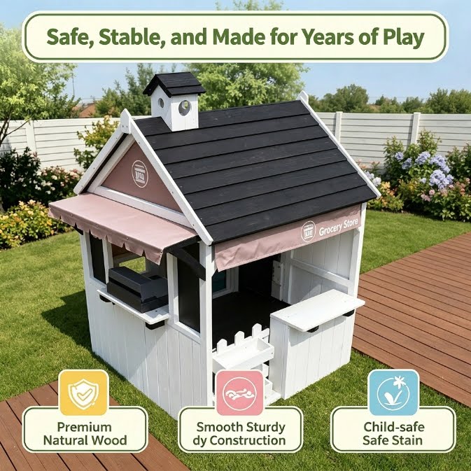 Conchico Outdoor Grocery Store Playhouse, Wooden Playhouse w/ Toy BBQ Grill, Toy Cash Register & Pretend Food Set For Summer Backyard，Black White