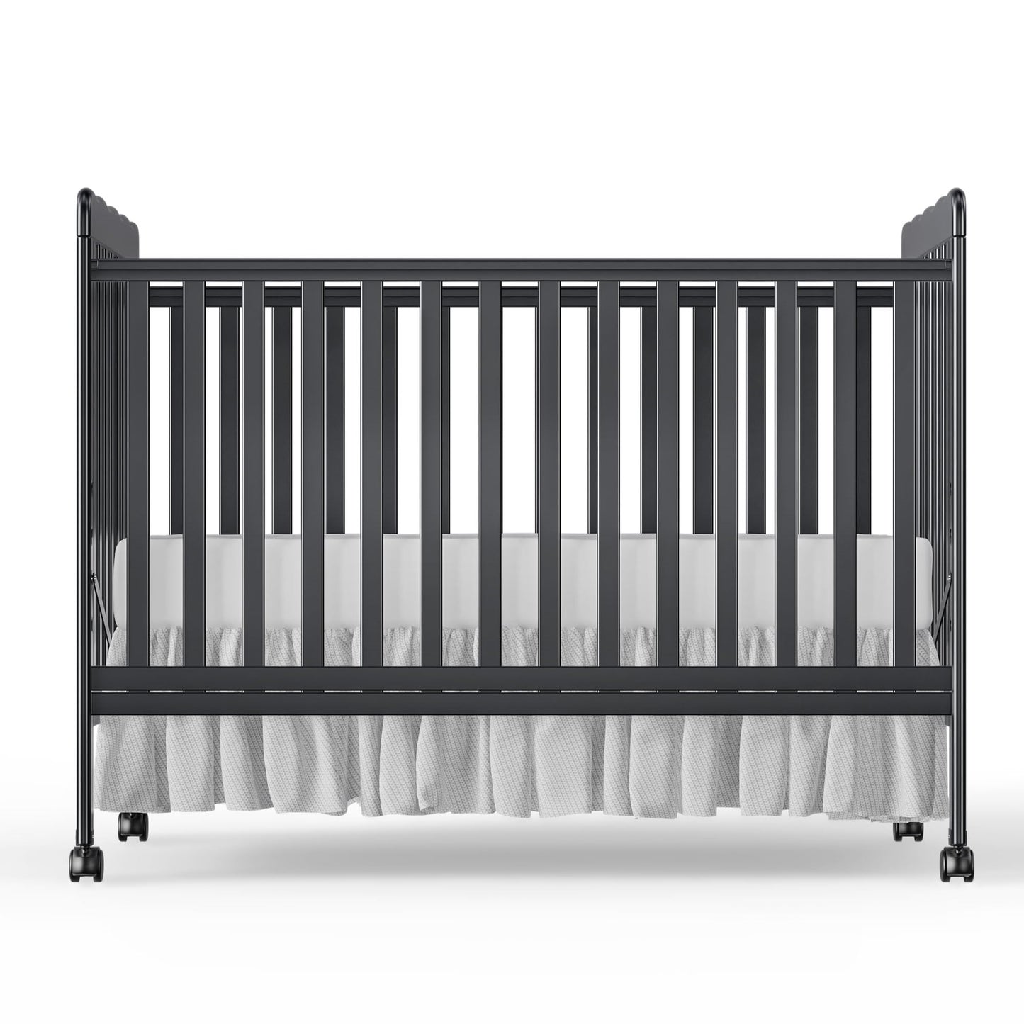 Baby Convertible Crib 3 In 1, Converts from Baby Crib to Toddler Bed, New Zealand Pinewood Baby Bed with Locking Wheels and Teething Rail, Crib with 4 Height Adjustment and Non Toxic Finish, Black