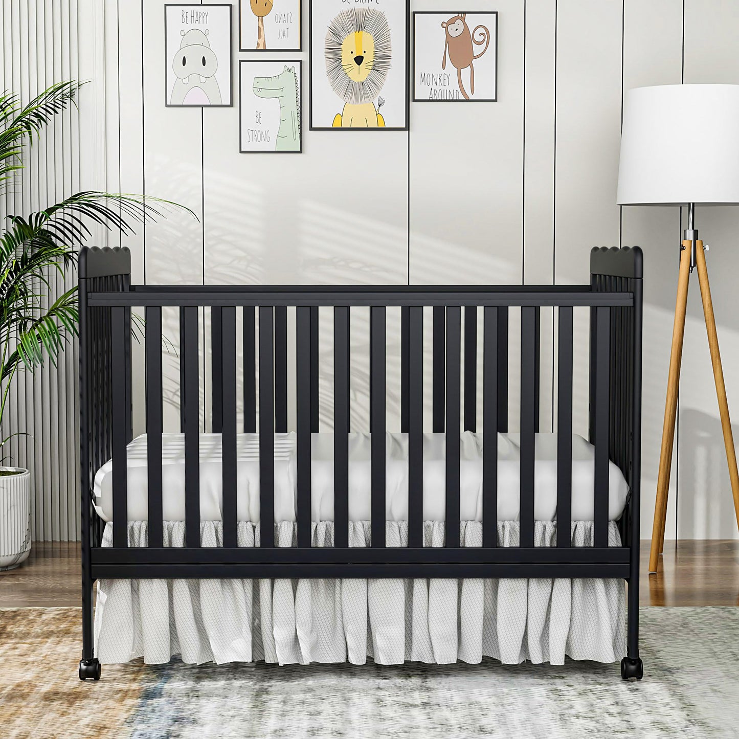 Baby Convertible Crib 3 In 1, Converts from Baby Crib to Toddler Bed, New Zealand Pinewood Baby Bed with Locking Wheels and Teething Rail, Crib with 4 Height Adjustment and Non Toxic Finish, Black
