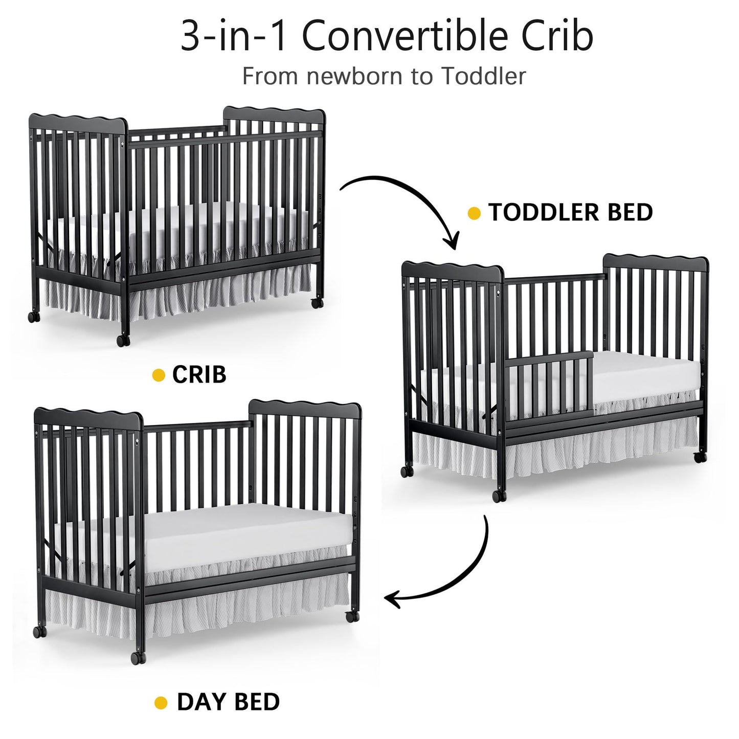 Baby Convertible Crib 3 In 1, Converts from Baby Crib to Toddler Bed, New Zealand Pinewood Baby Bed with Locking Wheels and Teething Rail, Crib with 4 Height Adjustment and Non Toxic Finish, Black