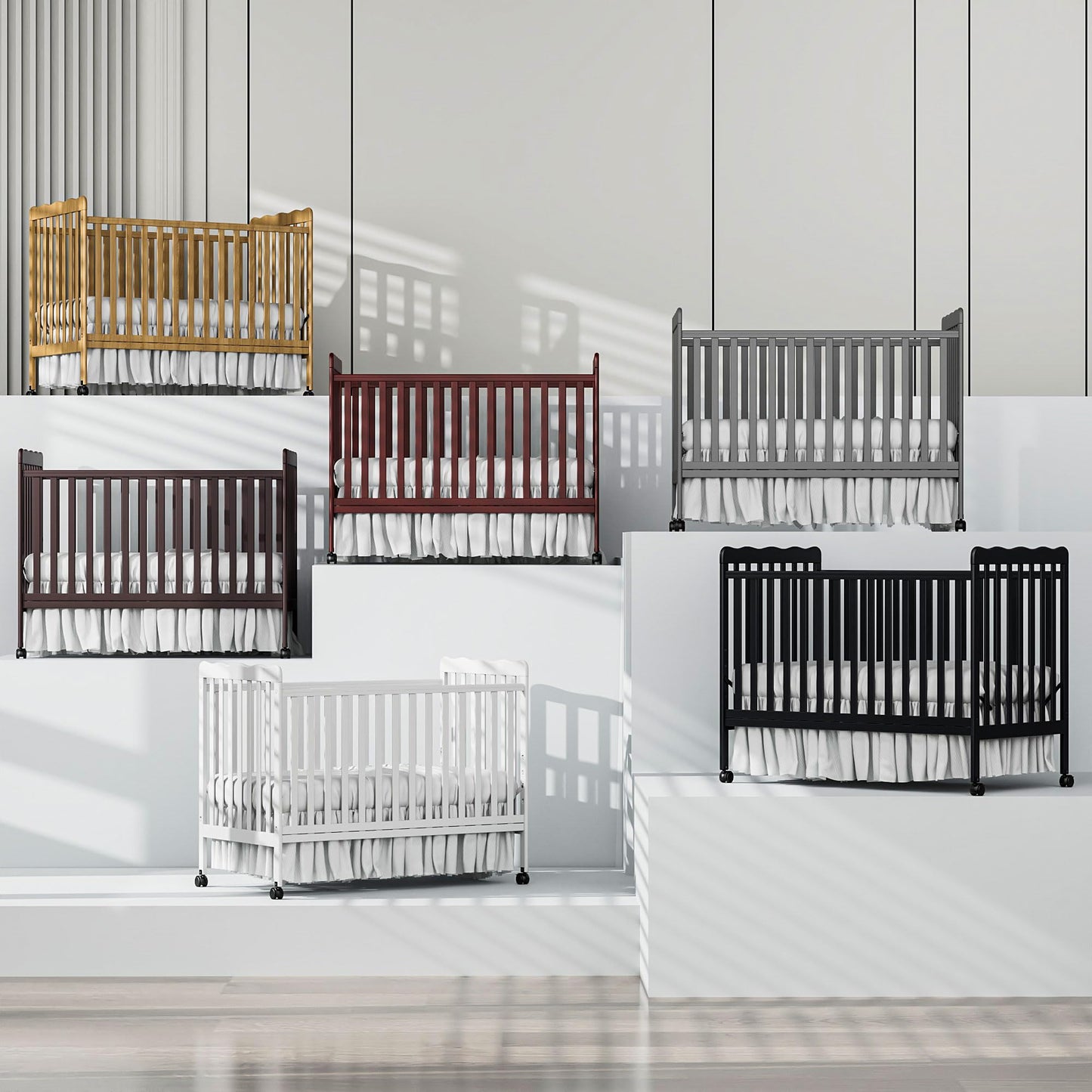 Baby Convertible Crib 3 In 1, Converts from Baby Crib to Toddler Bed, New Zealand Pinewood Baby Bed with Locking Wheels and Teething Rail, Crib with 4 Height Adjustment and Non Toxic Finish, Black