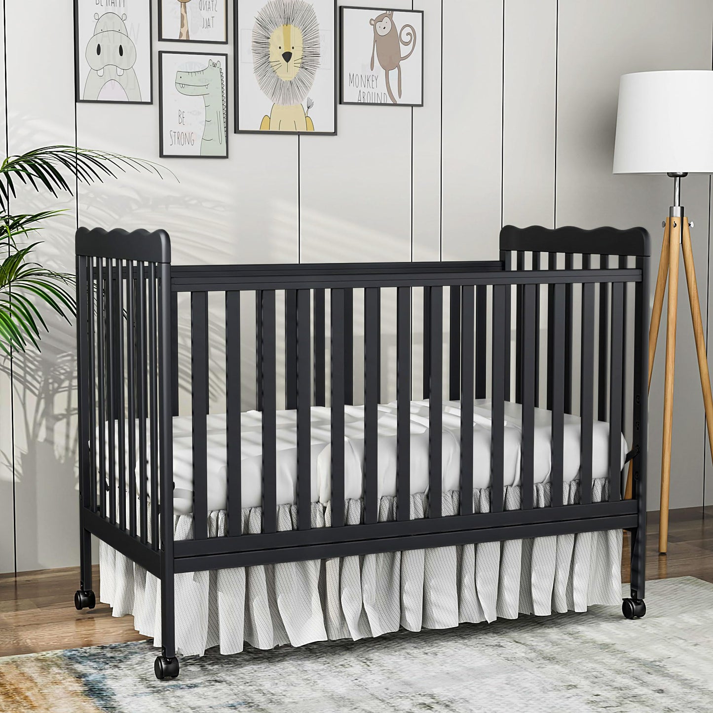 Baby Convertible Crib 3 In 1, Converts from Baby Crib to Toddler Bed, New Zealand Pinewood Baby Bed with Locking Wheels and Teething Rail, Crib with 4 Height Adjustment and Non Toxic Finish, Black